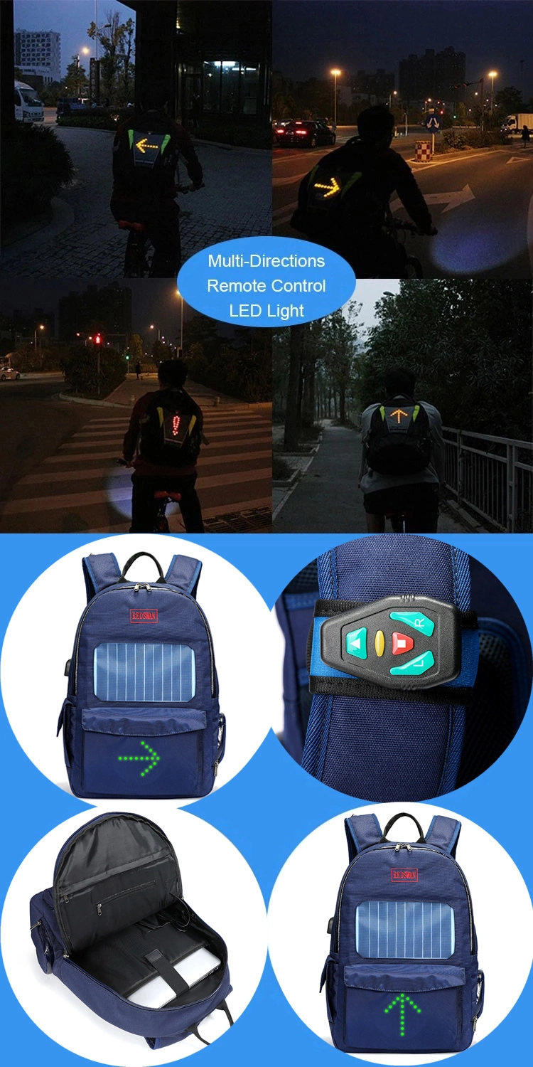 Waterproof Nylon Fabric LED Flash Light Backpack Solar Charger Sport Backpack with USB Cable (RS-190204-3)