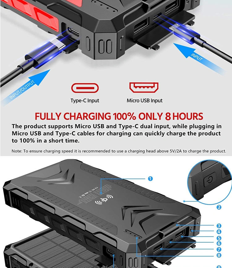 Outdoor 10000mAh Portable Solar Charger Waterproof Solar Power Bank Panel Charger