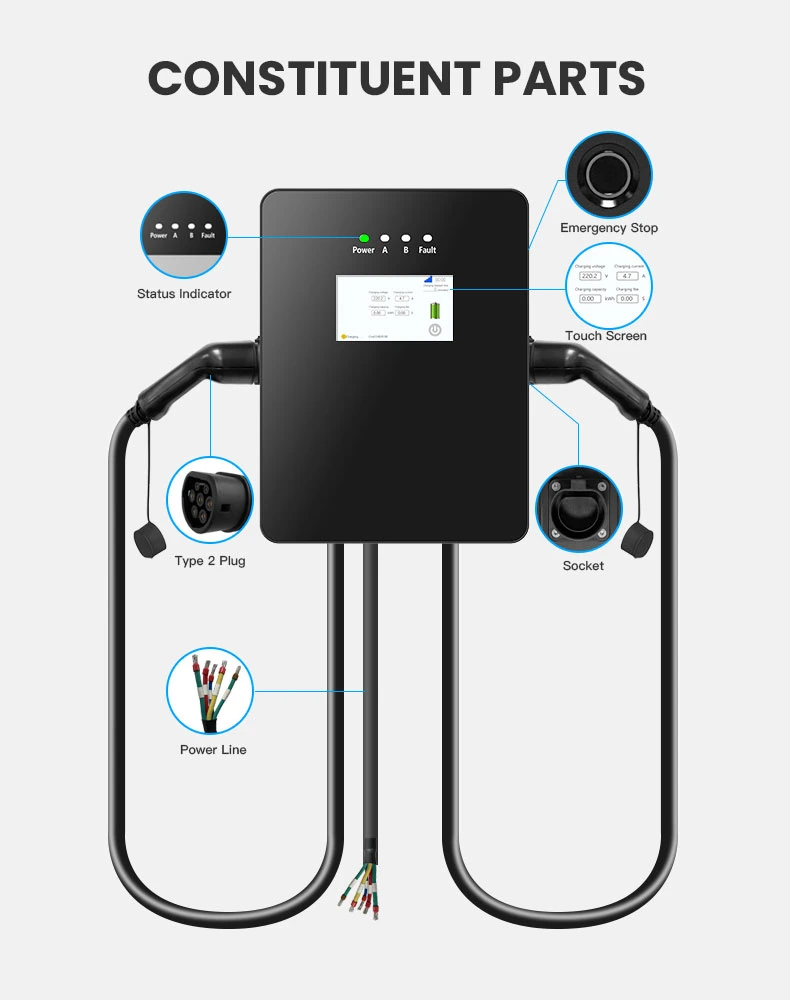 Ocpp1.6 Type2 Wallbox AC EV Charger Two Plugs IP65 LCD Screen Portable EV Car Charger